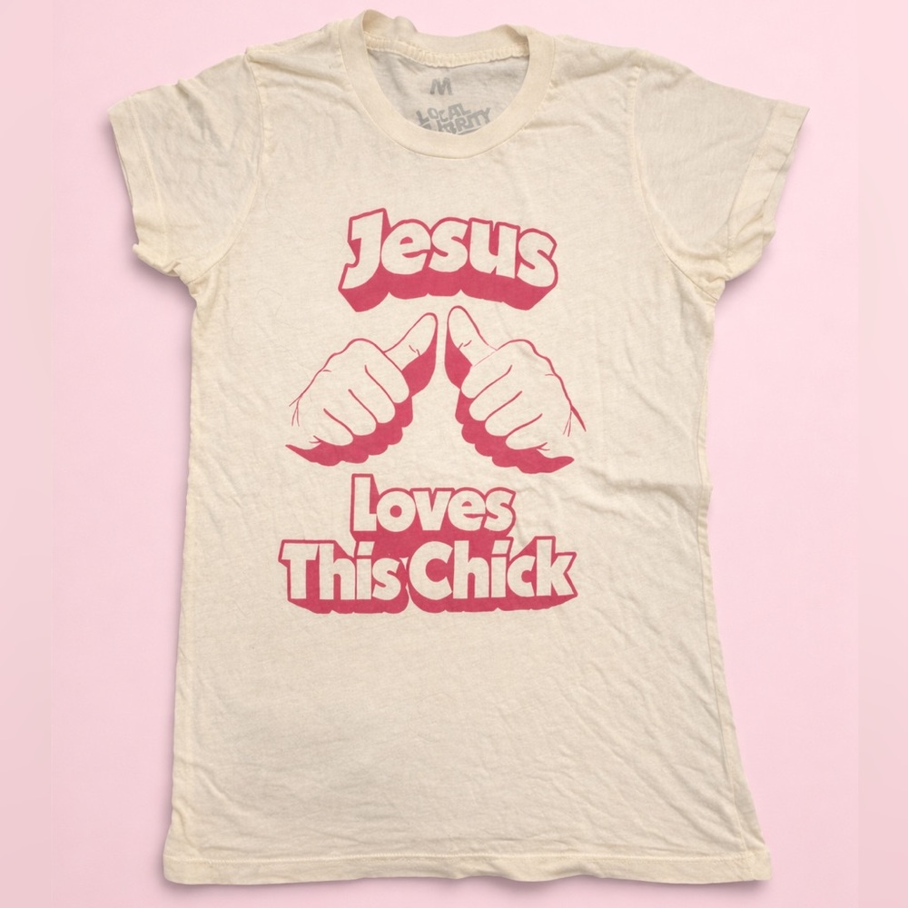 Jesus Loves This Chick Graphic Tee - Cream with Pink Print